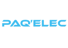 Le logo de paq elec est bleu et blanc sur fond blanc.