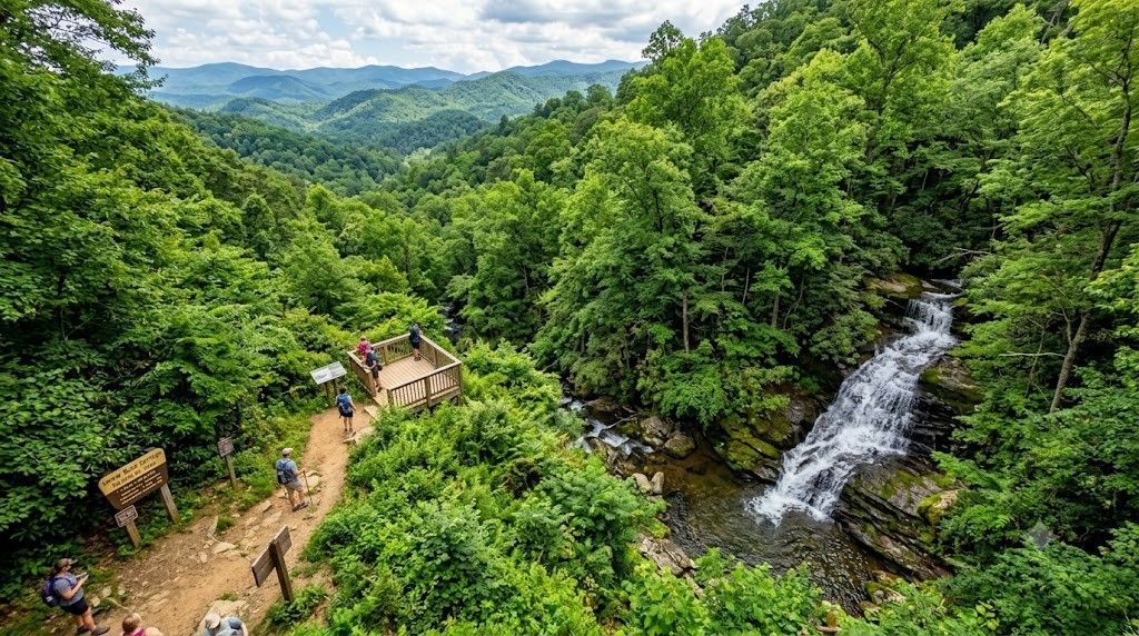 Lush green mountain trail with hikers and a small waterfall in a forested valley