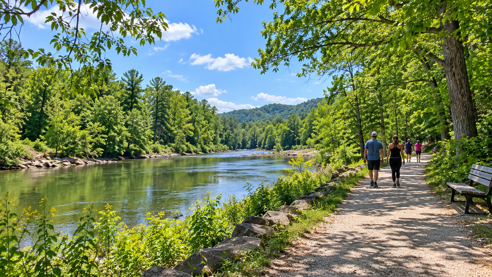 Tree-lined riverside path with walkers, a bench, and mountains under a clear blue sky