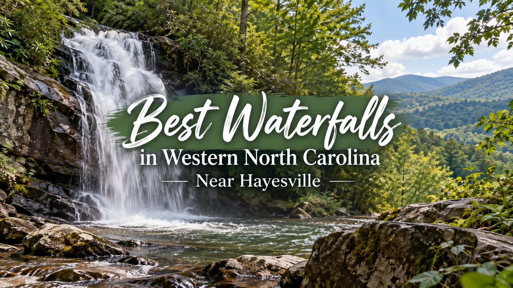 Waterfall in lush forest with text: “Best Waterfalls in Western North Carolina Near Hayesville”