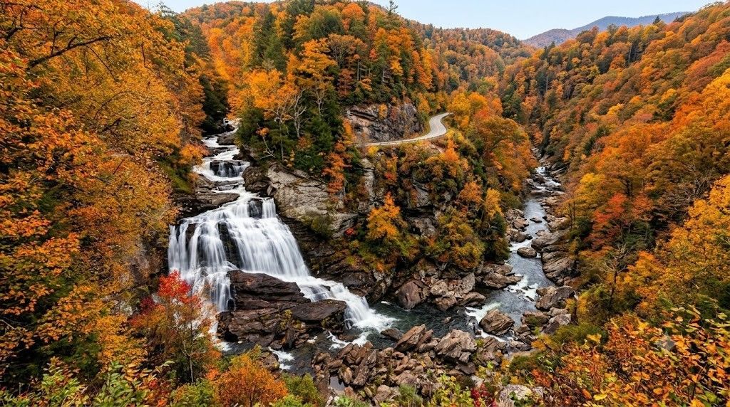 Autumn waterfall cascading through a rocky forest gorge with orange and yellow foliage