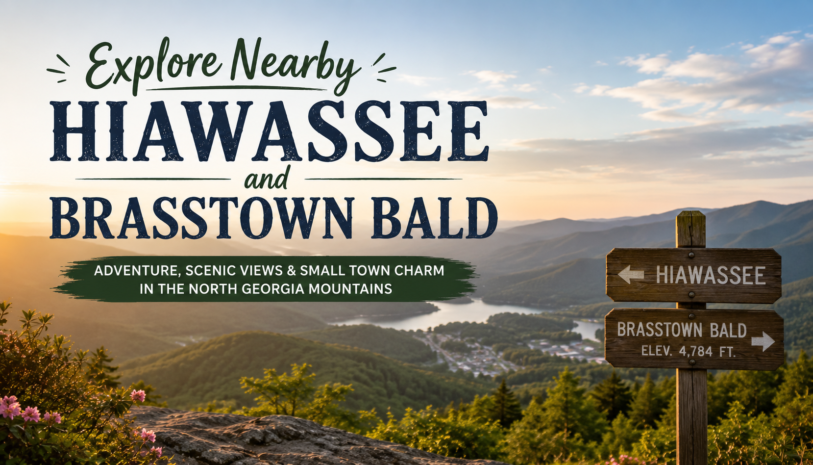 Explore Nearby Hiawassee and Brasstown Bald mountain vista with directional signs at sunset