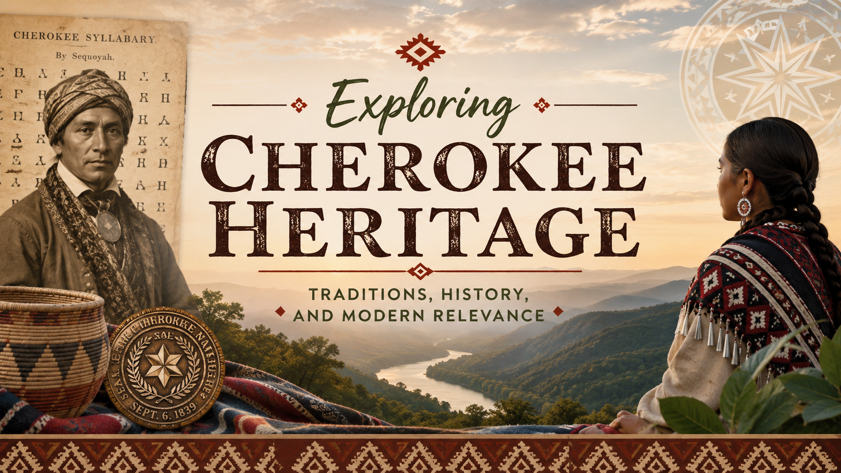 Cherokee heritage poster with two figures, sunset mountains, and text about traditions, history, and modern life