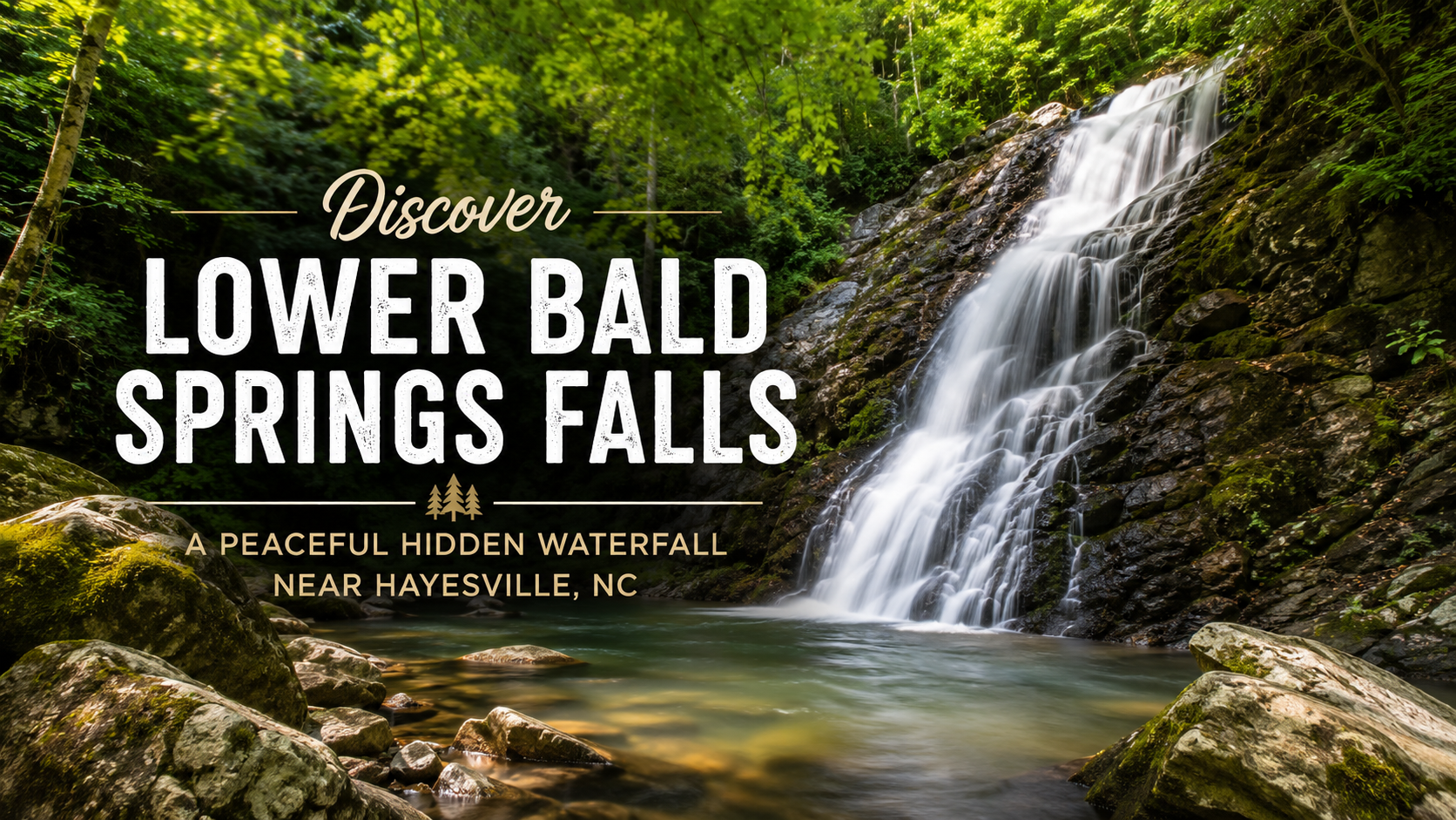 Lower Bald Springs Falls waterfall in a lush green forest by a stream, with hiking trail text overlay.