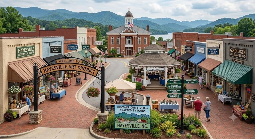Open-air shopping village with brick walkways, colorful storefronts, and a central clock tower under mountains.
