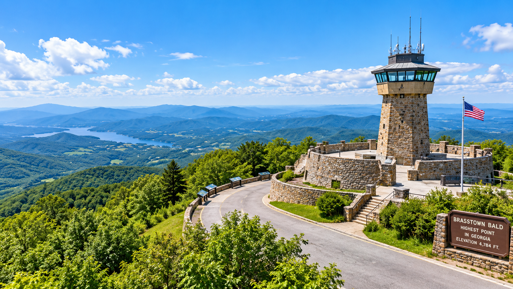 Stone lookout tower on a mountain road overlooking a lush valley and distant hills under a blue sky