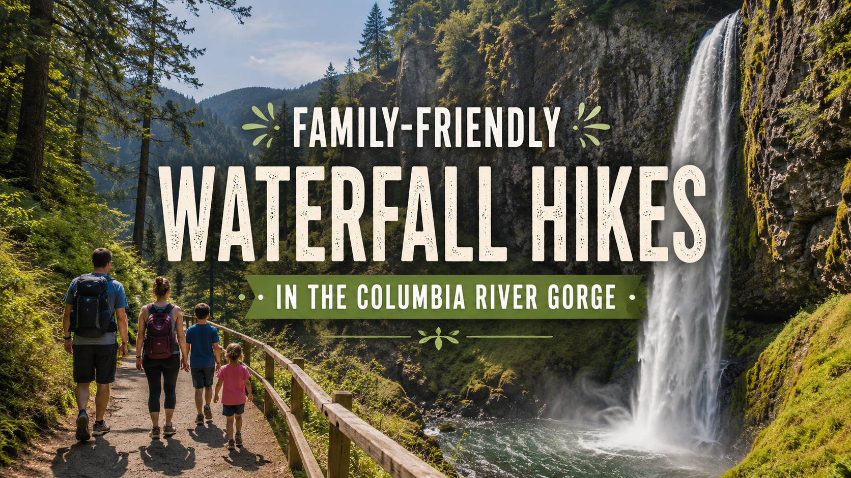 Family-friendly waterfall hikes in the Columbia River Gorge, with hikers on a forest trail beside a waterfall