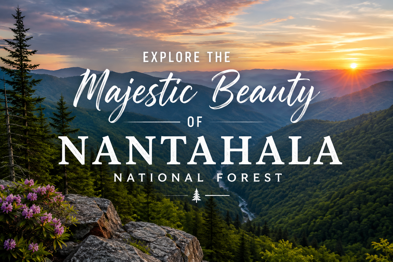 Sunrise over Nantahala National Forest with mountains, forested valleys, and wildflowers; text: Explore the majestic beauty of Nantahala
