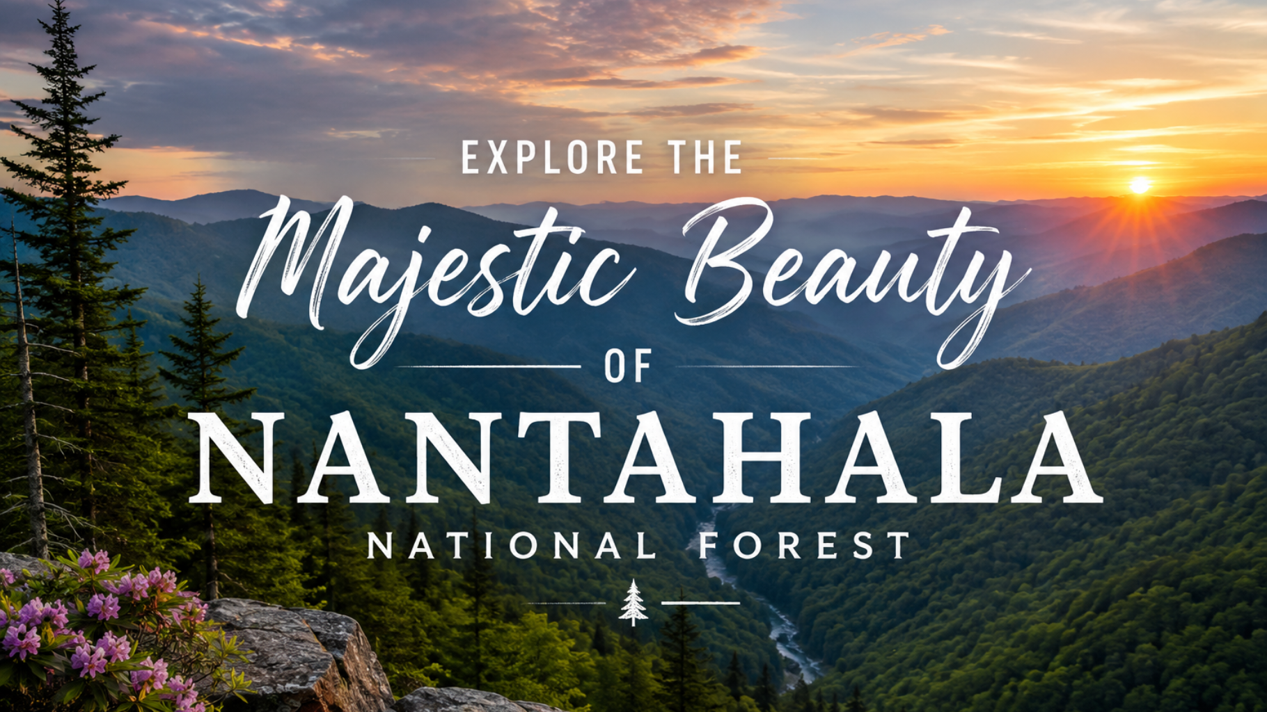 Sunset over Nantahala National Forest mountains with pine trees and wildflowers, text: “Explore the Majestic Beauty of Nantahala”