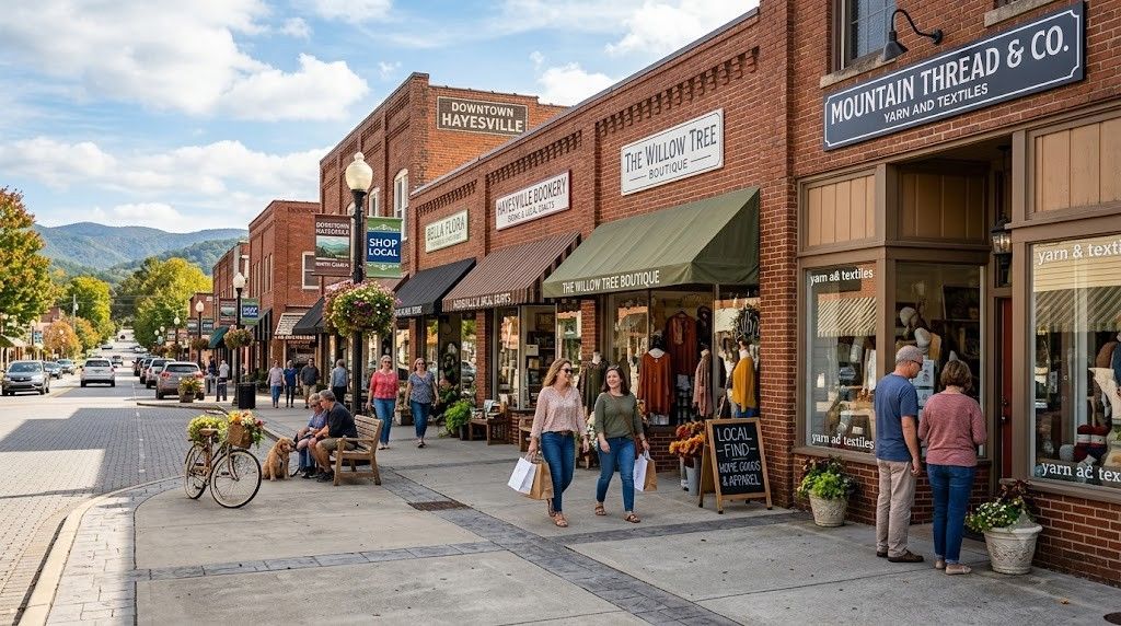 Bustling small-town street with brick storefronts, awnings, and pedestrians on a sunny day