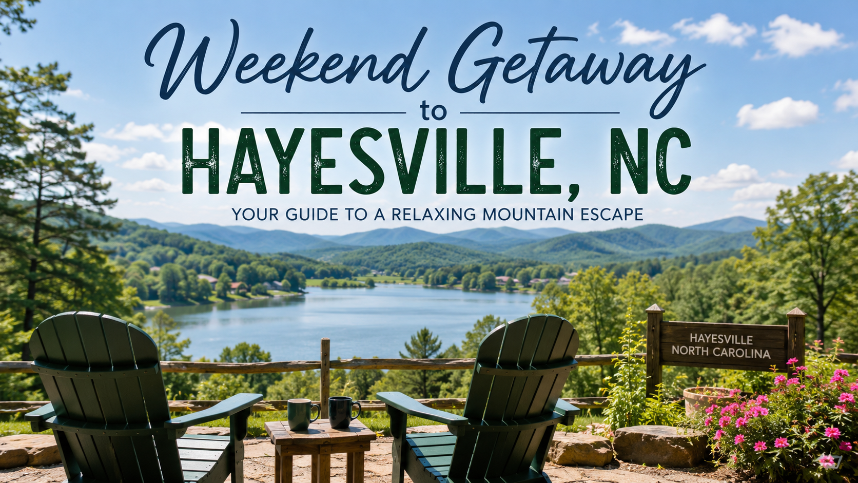 Weekend getaway sign over mountain lake view in Hayesville, NC with two chairs and flowers