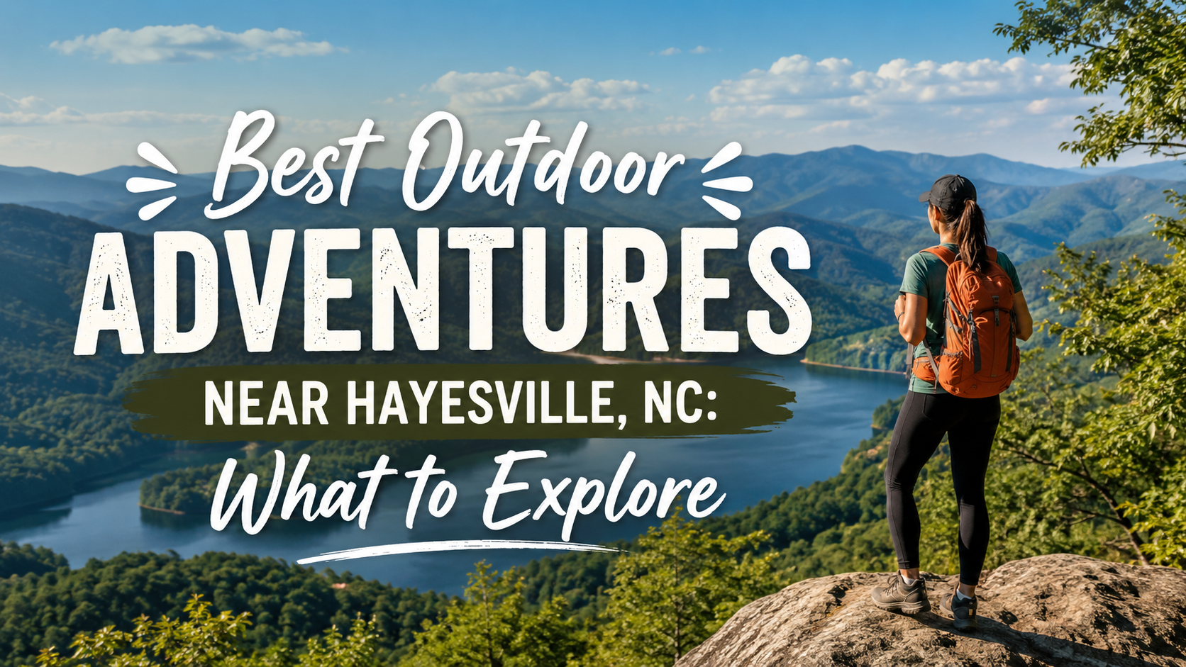 Hiker on rocky overlook with mountains and blue sky; text reads “Best Outdoor Adventures near Haysville, NC: What to Explore”