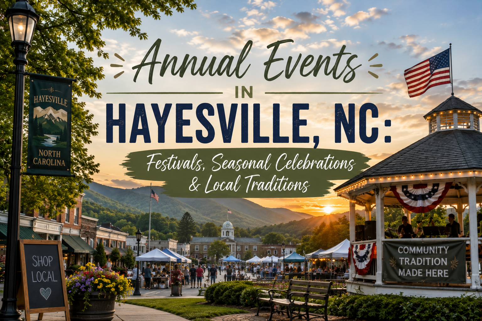 Annual events in Hayesville, NC, with festive downtown street scene at sunset