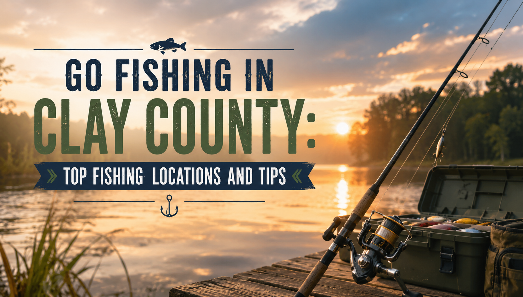 Go fishing in Clay County: tackle on dock at sunrise with lake and kayak, top fishing locations and tips
