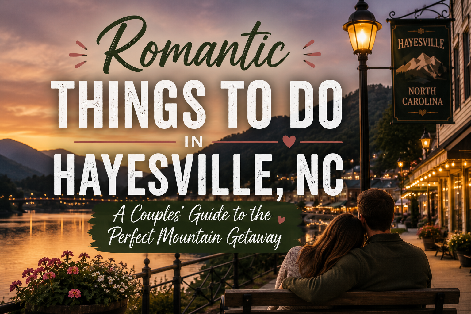 Romantic Things to Do in Hayesville, NC over a sunset lake with a couple on a bench and streetlamp
