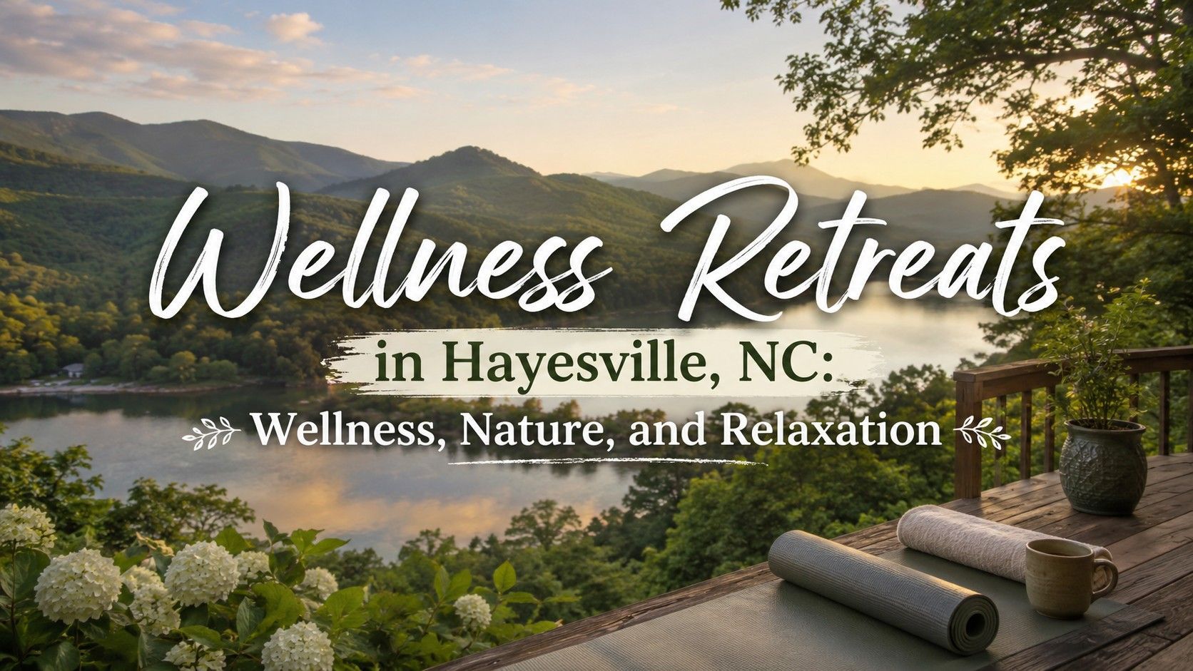 Wellness Retreats in Hayesville, NC over a mountain-view deck at sunset, with yoga mats and candles