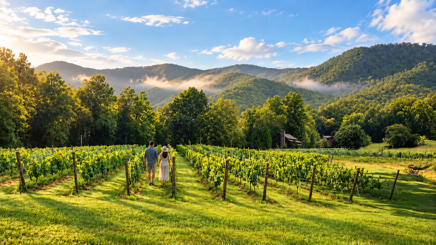 People walking through a sunlit vineyard with green rows and mountains in the background