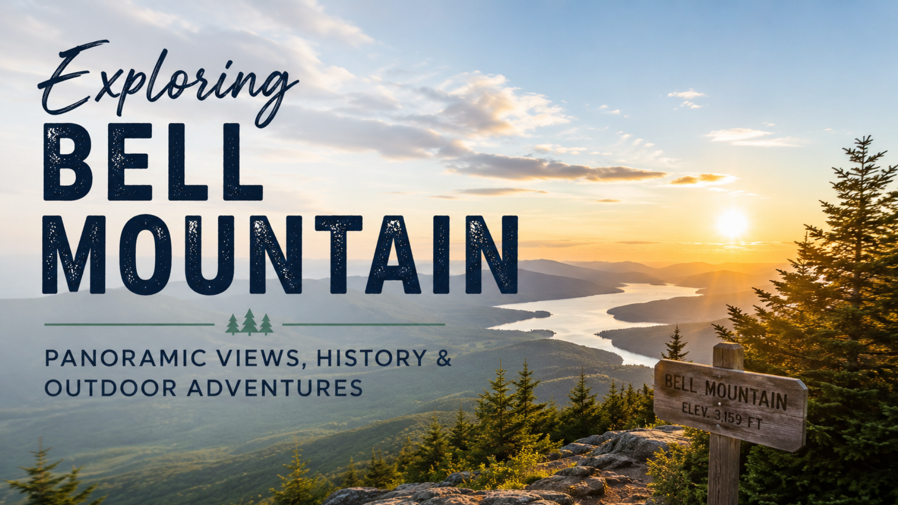 Bell Mountain sunrise overlook with lake, pine trees, and sign reading “Exploring Bell Mountain”