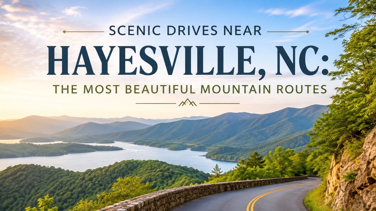 Scenic mountain road near Haysville, NC, overlooking a lake and ridges at sunset