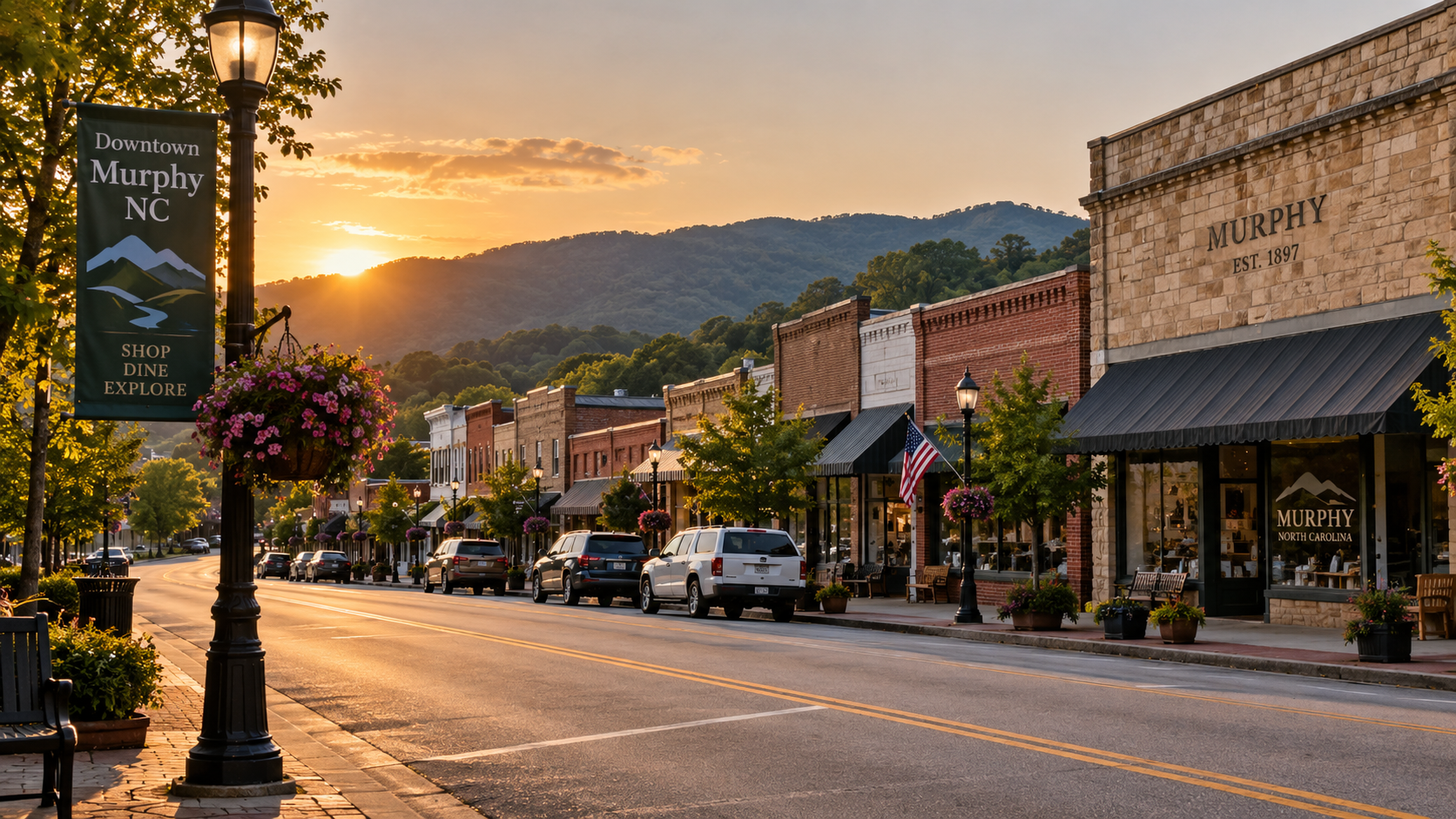 Sunset on a small-town main street with storefronts, parked cars, and mountains in the background