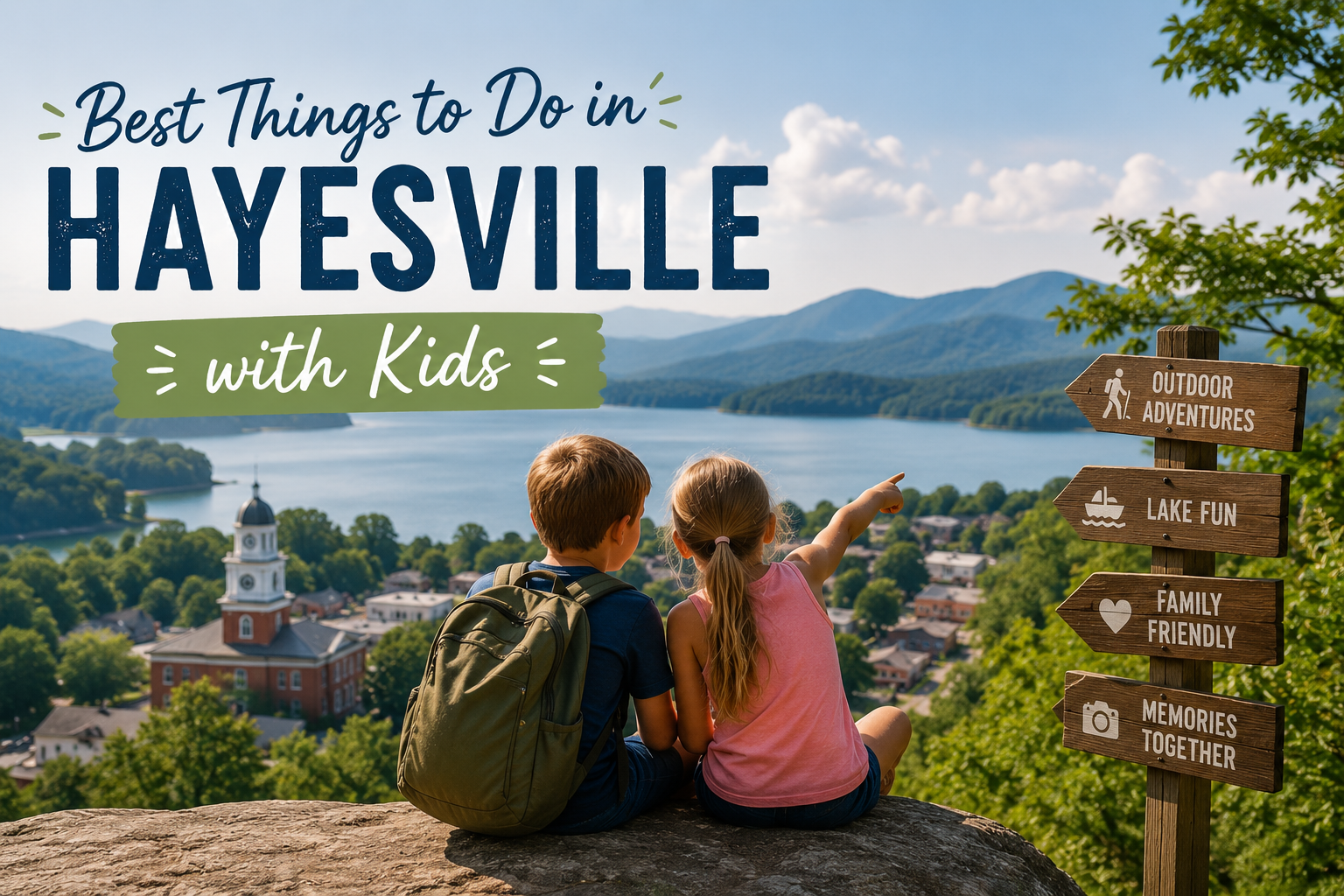 Best things to do in Hayesville with kids, showing two children overlooking a lake and mountains