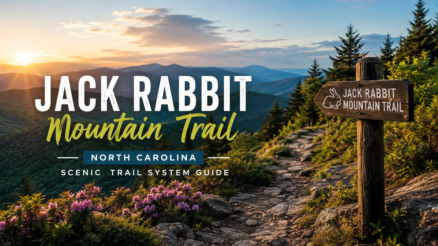 Jack Rabbit Mountain Trail sign at sunset beside a wildflower-lined forest path