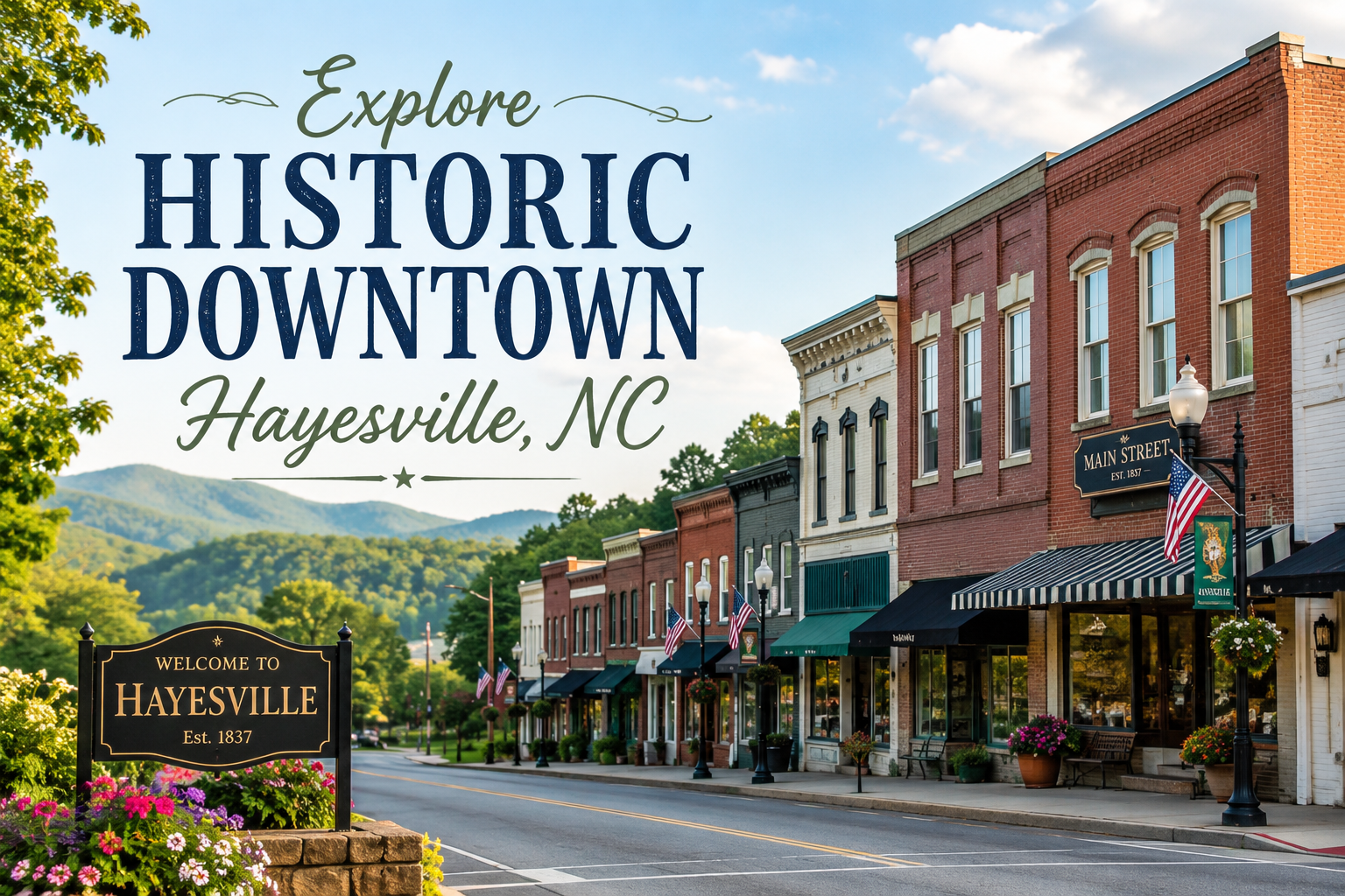 Historic downtown Hayesville, NC street scene with brick shops, mountain backdrop, and “Explore Historic Hayesville” sign
