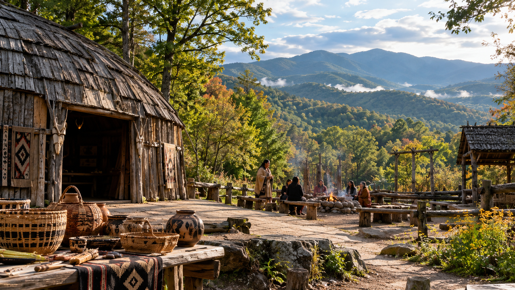 Rustic mountain village with thatched huts, outdoor benches, and forested hills under a clear sky