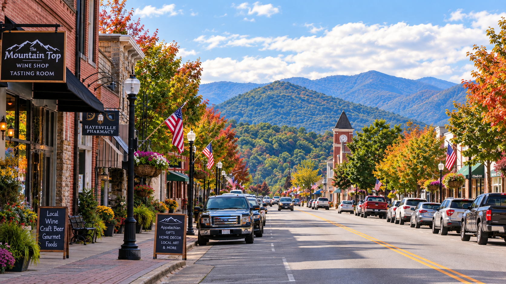 Small-town main street lined with shops, parked cars, and autumn trees, with mountains in the background.