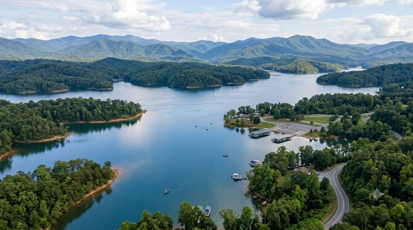 Aerial view of a blue lake surrounded by green forested hills and mountains under a cloudy sky.