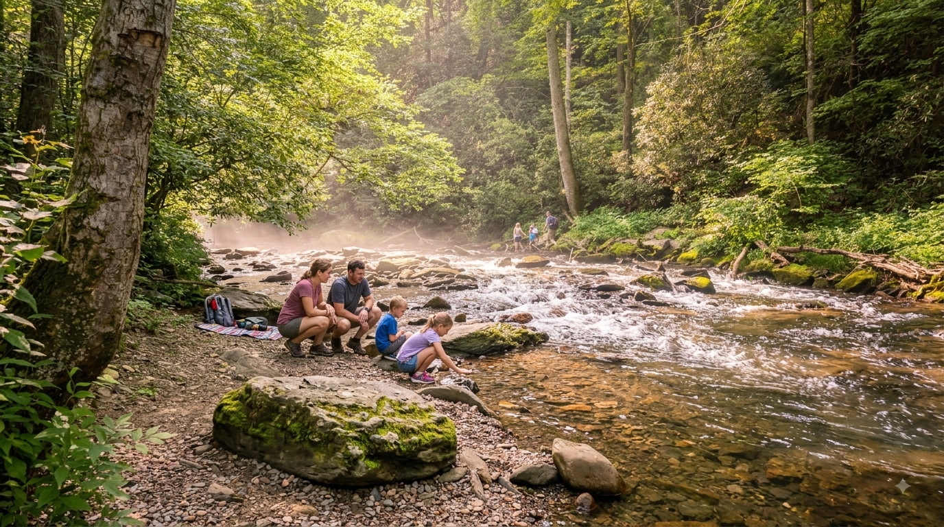 Group of hikers resting on rocks beside a forest stream in dappled sunlight