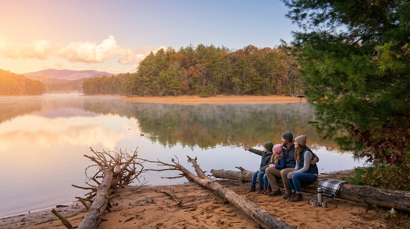 People sitting by a misty lakeside at sunrise, with trees reflecting in calm water