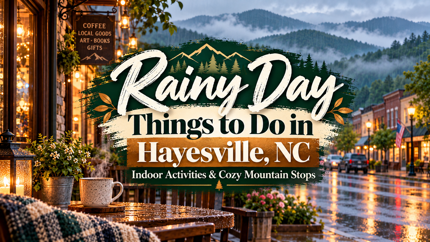 Rainy Day Things to Do in Hayesville, NC with mountain town street and warm lit shops