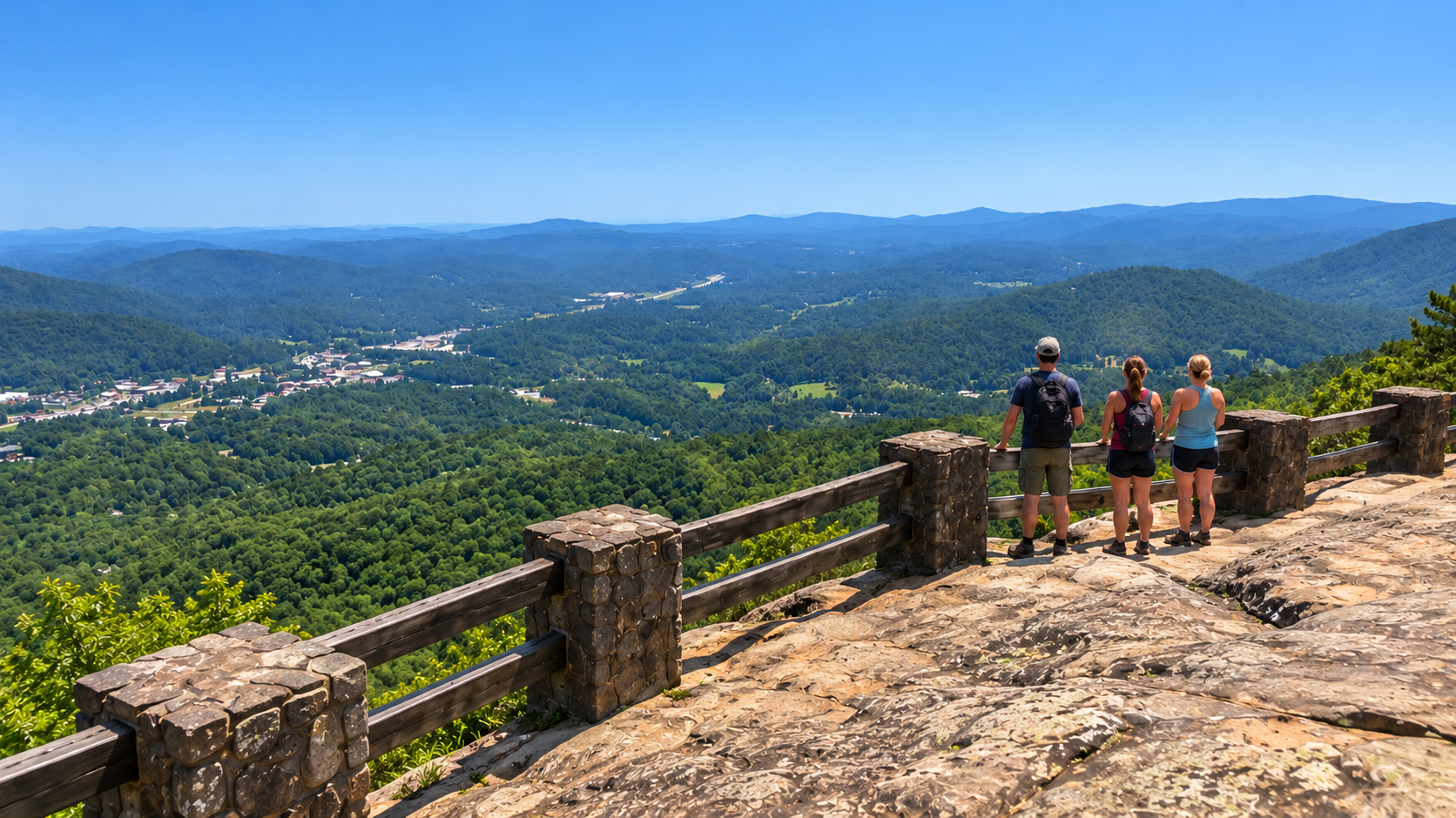 Three hikers stand on a stone overlook above a vast green mountain valley under a clear blue sky
