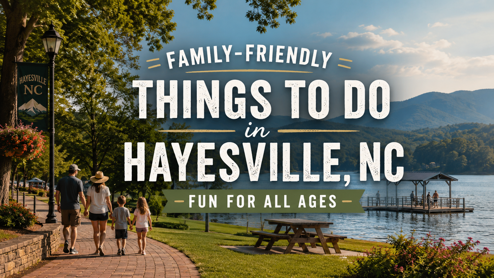 Family-friendly things to do in Hayesville, NC, with lake, trees, and people walking on a path