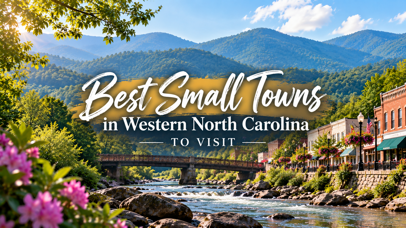 Scenic mountain river town with flowers and text: “Best Small Towns in Western North Carolina to Visit”