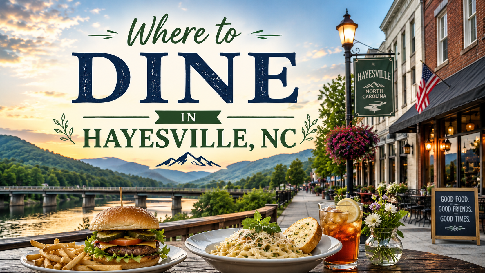 “Where to Dine in Hayesville, NC” travel poster with restaurant street scene, river, and food dishes