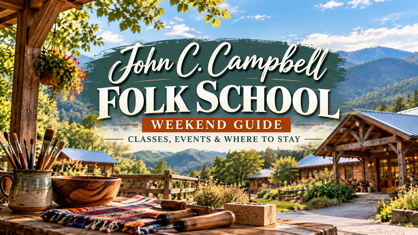John C. Campbell Folk School weekend guide over a rustic outdoor campus scene