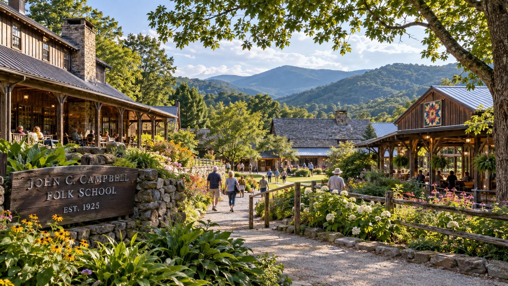 Mountain resort courtyard with wooden buildings, flower gardens, and people walking under sunny peaks.