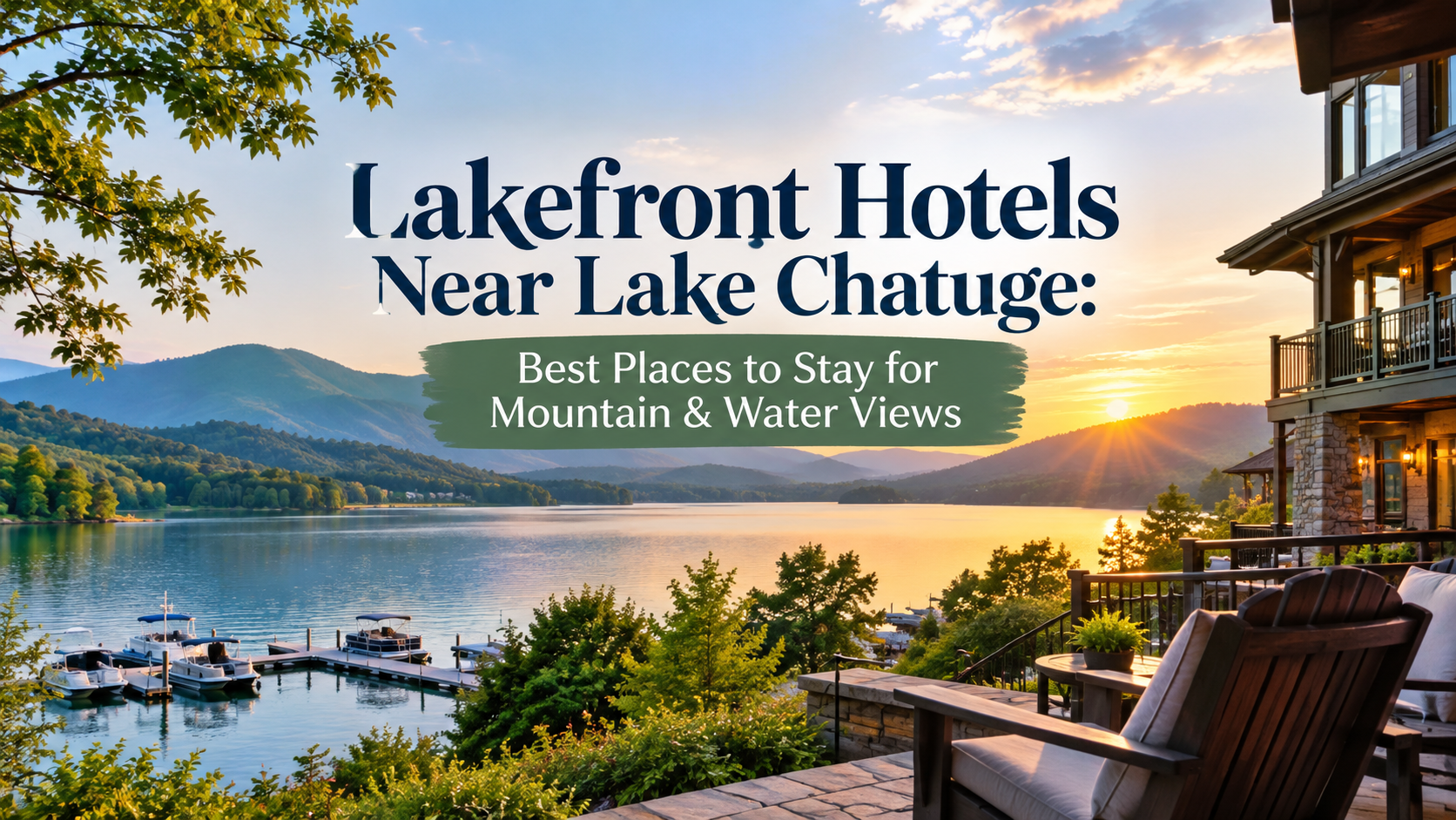 Lakefront hotel patio at sunset with mountain and water views, Adirondack chairs, and a scenic lake backdrop