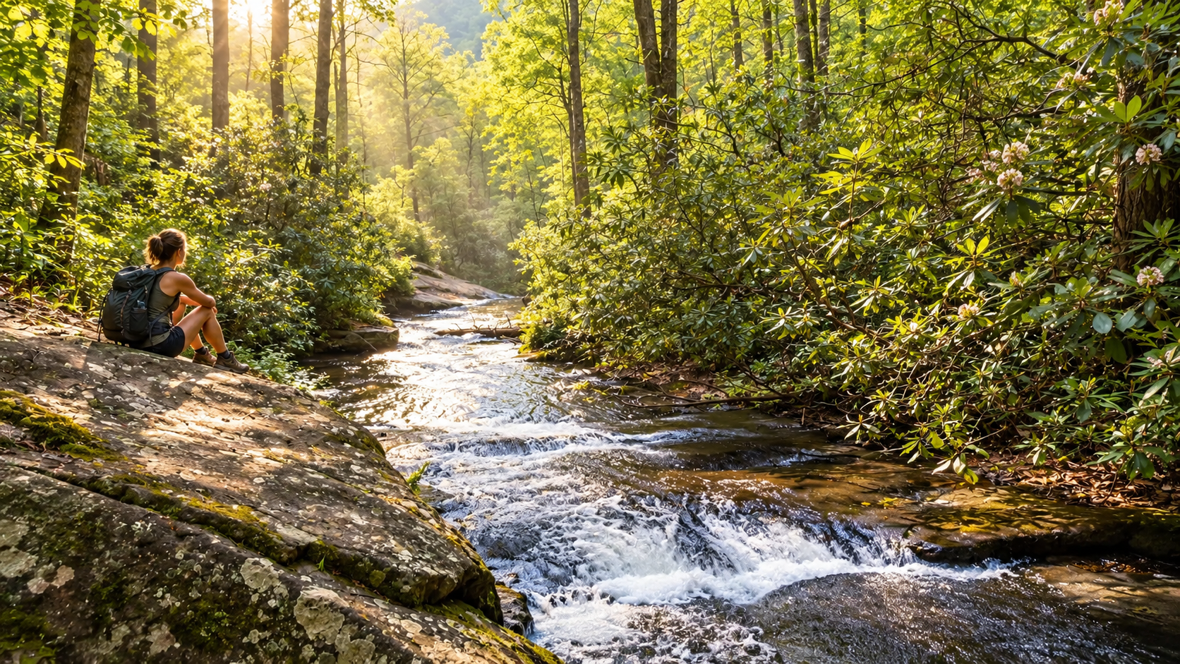 Hiker sitting by a sunlit forest stream with rocks and dense green trees