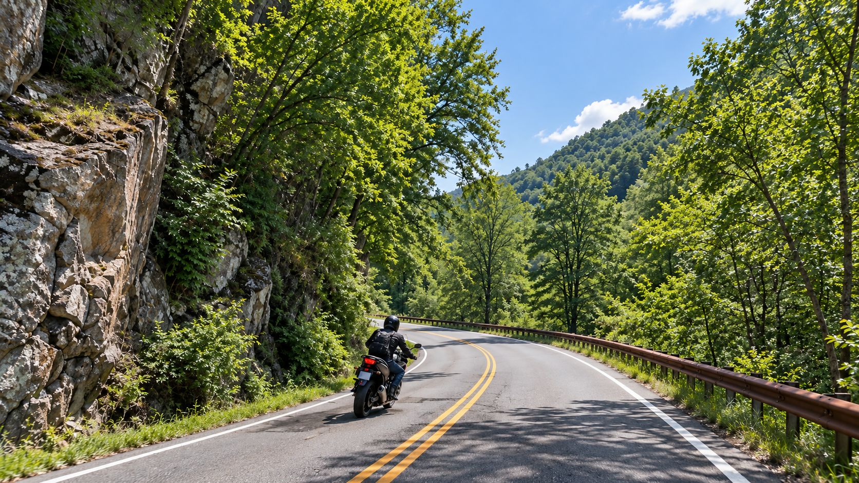 Motorcyclist riding on a winding mountain road through lush green forest