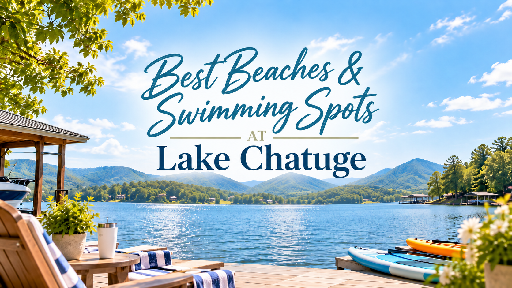 Lake Chatuge beach scene with lounge chairs, dock, mountains, and text: “Best Beaches & Swimming Spots”