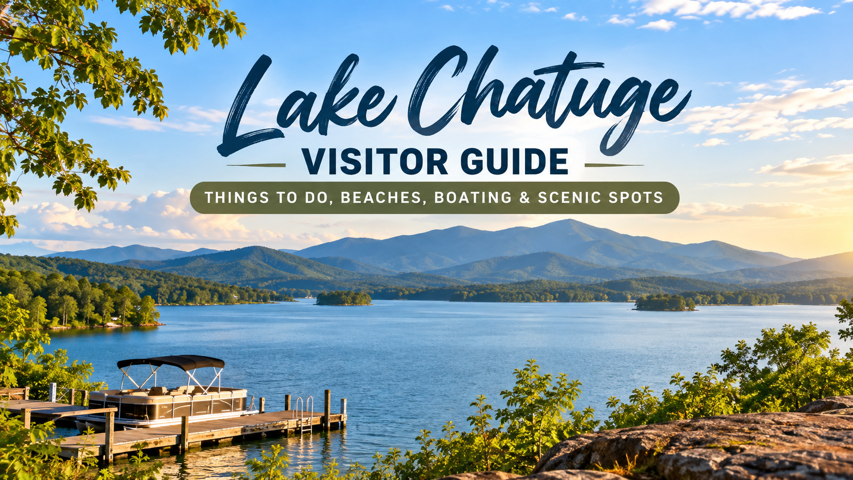 Lake Chatuge visitor guide cover with blue lake, mountains, dock, and scenic sunset sky