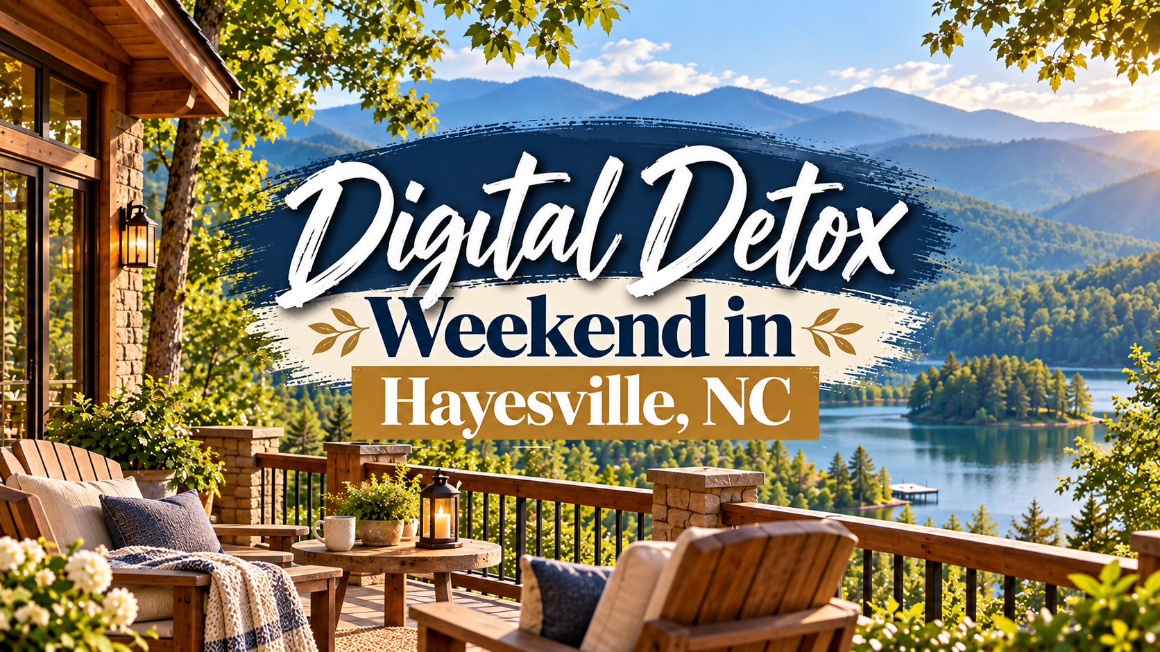 Digital Detox Weekend in Haysville, NC over a mountain lake view from a cozy cabin porch
