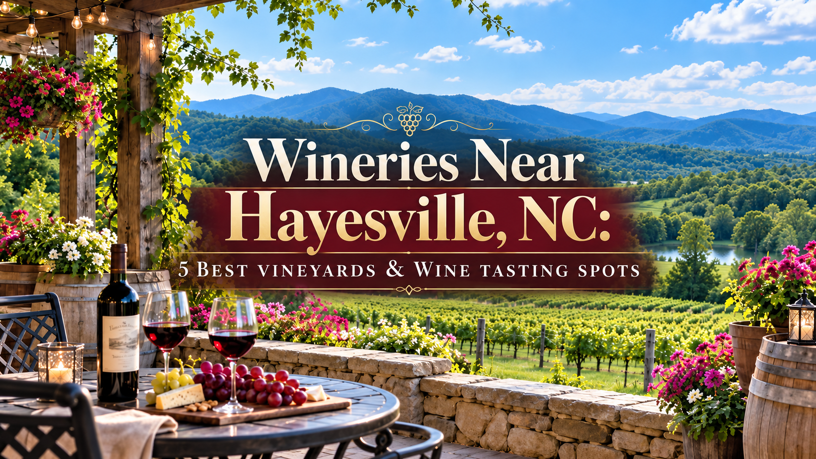 Winery patio with mountain view and text: “Wineries Near Hayesville, NC: First vineyards & wine tasting spots”