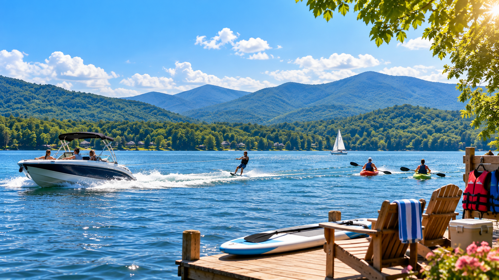Lake with boats and swimmers near a dock, framed by mountains and a sunny blue sky