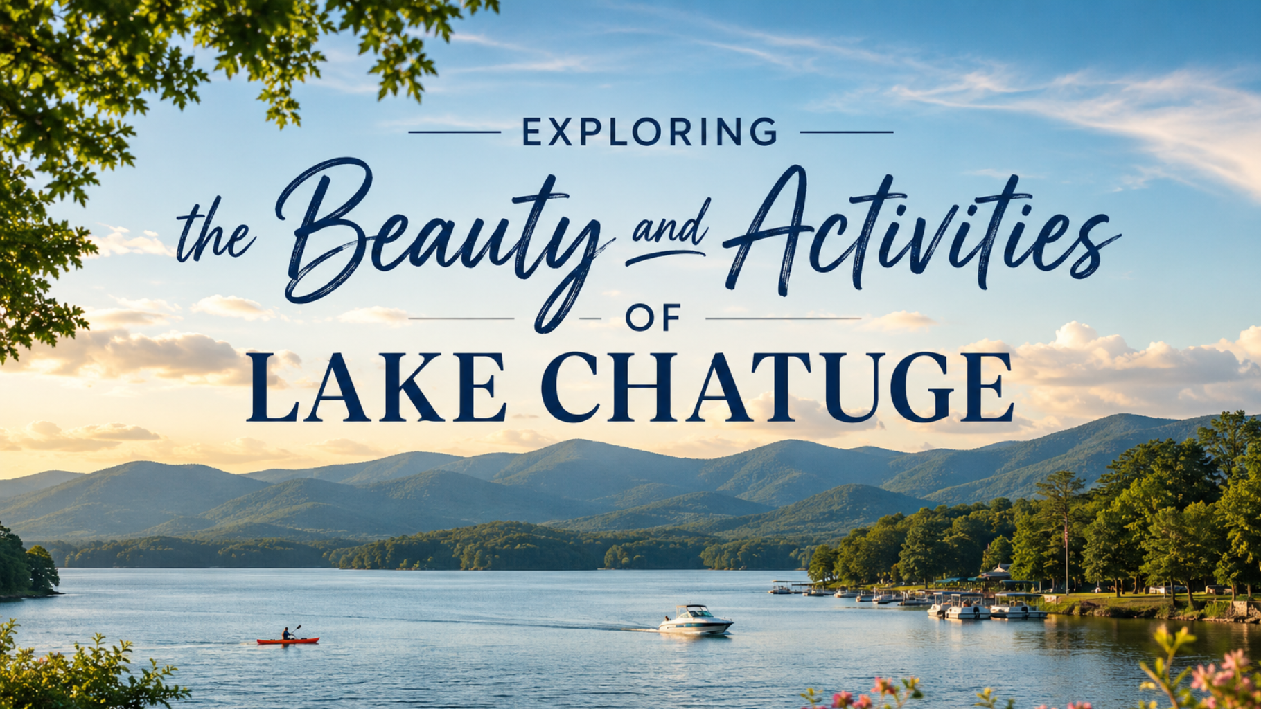 Scenic Lake Chatugue with mountains, blue water, boats, and text: “Exploring the Beauty and Activities.”