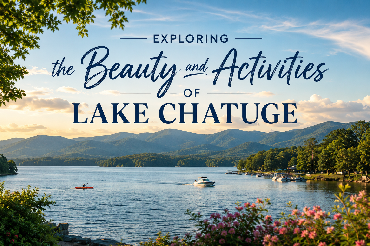 Lake Chatuge with boats, mountains, and flowers under a sunset sky; text reads “Exploring the Beauty and Activities”
