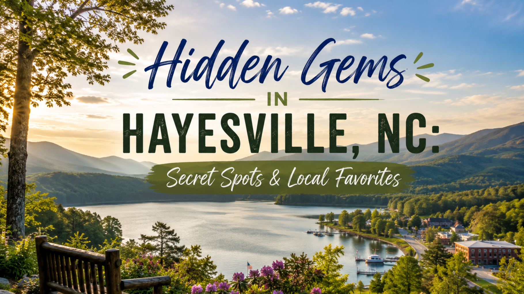 Scenic lake and mountains with text: “Hidden Gems HAYESVILLE, NC: Secret Spots & Local Favorites”